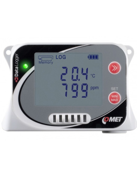 U3430 Registrador de dados com sensores integrados de temperatura, umidade e CO2.