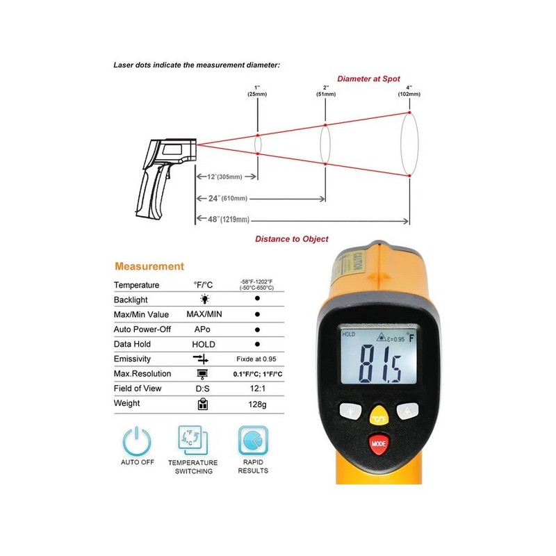 Termômetro infravermelho compacto (±2% ou ±2°C/±4°F) AO-HT-816