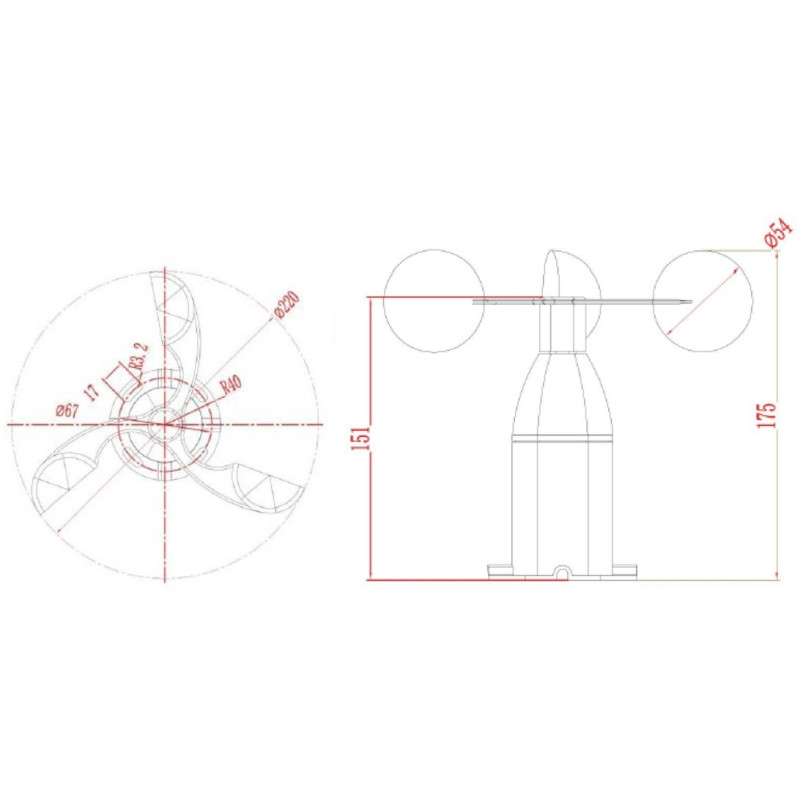 Dimensiones Sensor de velocidad del viento AO-100-01