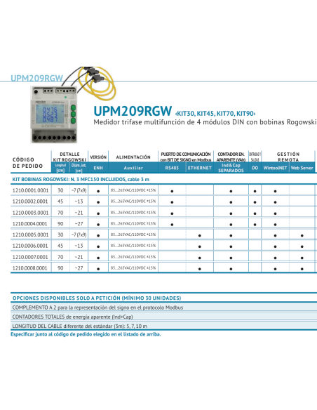 UPM209RGW Medidor trifásico multifuncional com 4 módulos DIN (inclui bobinas Rogowski)