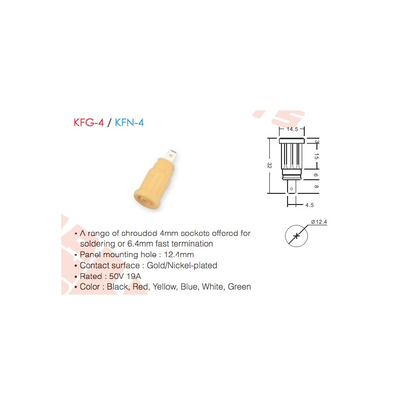 KFG-4 / KFN-4 (Plug de 4 mm Removível para Soldagem ou Terminação Rápida de 6,4 mm e Furo de Montagem de 12,4 mm)