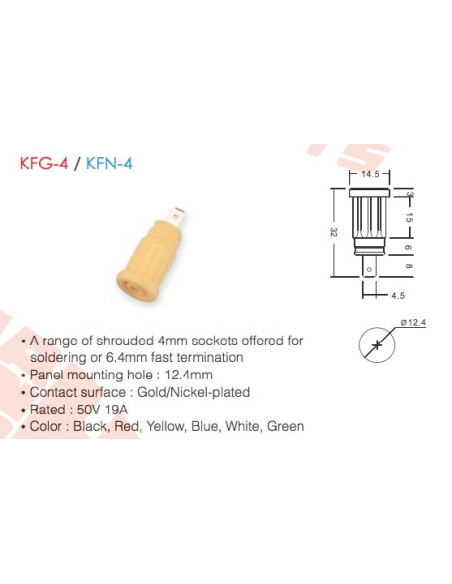 KFG-4 / KFN-4 (Enchufe de 4 mm Amovibles para Soldar o de Terminación Rápida de 6,4 mm y Agujero de Montaje 12.4 mm)