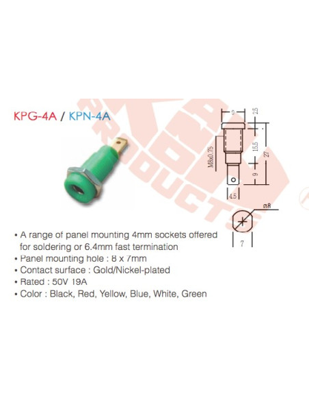 KPG-4A / KPN-4A (Enchufe de 4 mm para Soldadura o Terminación Rápida de 6,4 mm con Agujero de Montaje de 8 x 7 mm)